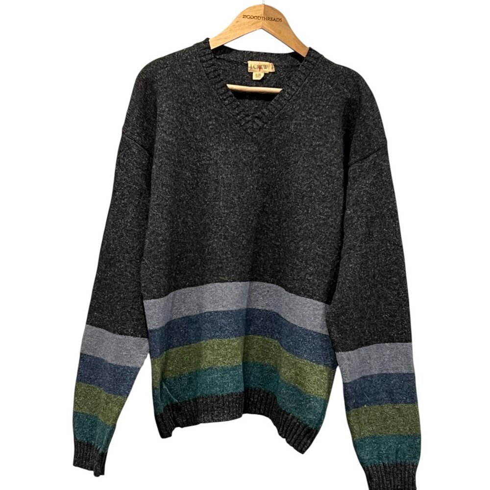 J Crew Vintage Wool Linen Striped V-neck Sweater, Gray, XL